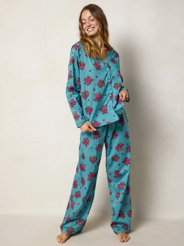 Mix & Match Cotton Long Sleeve Pajama Top - Flower Picking Teal-view 6