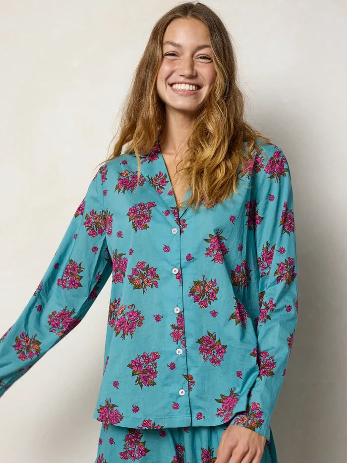 Mix & Match Cotton Long Sleeve Pajama Top - Flower Picking Teal-view 7