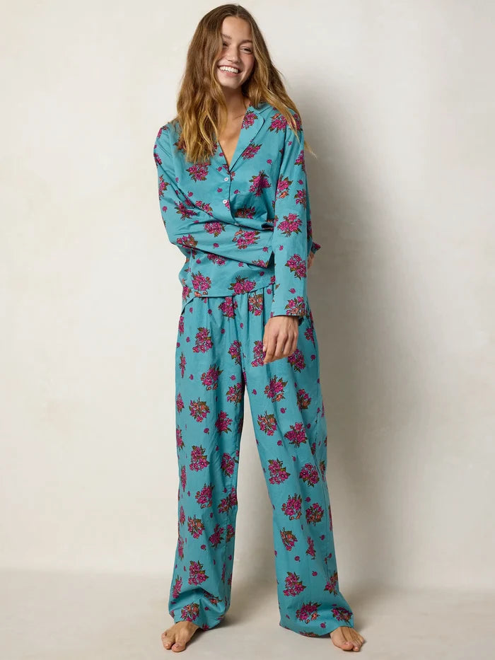 Mix & Match Cotton Long Sleeve Pajama Top - Flower Picking Teal-view 8