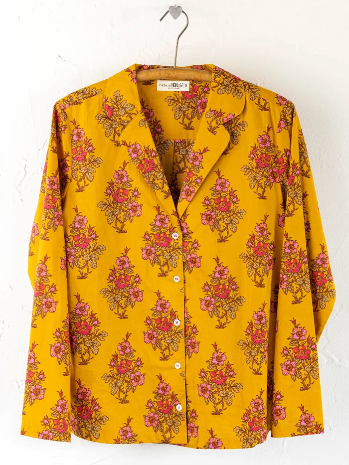 Mix & Match Cotton Long Sleeve Pajama Top - Garden Block Stamp Gold-view 1
