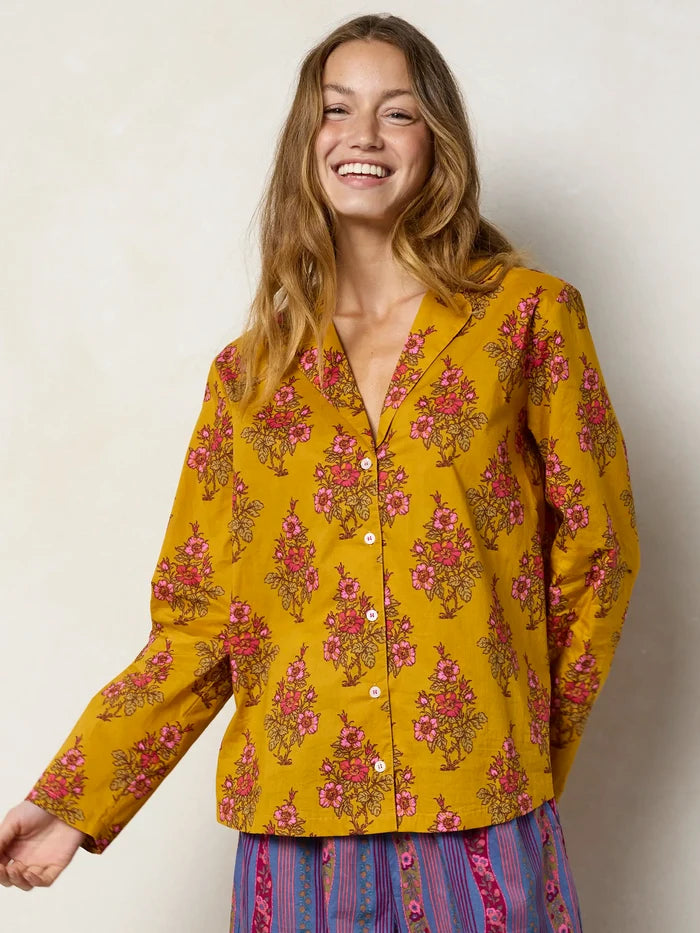Mix & Match Cotton Long Sleeve Pajama Top - Garden Block Stamp Gold-view 2