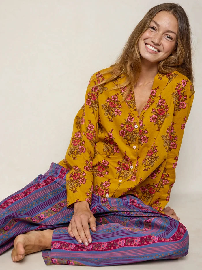 Mix & Match Cotton Long Sleeve Pajama Top - Garden Block Stamp Gold-view 5