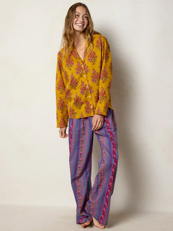 Mix & Match Cotton Long Sleeve Pajama Top - Garden Block Stamp Gold-view 7