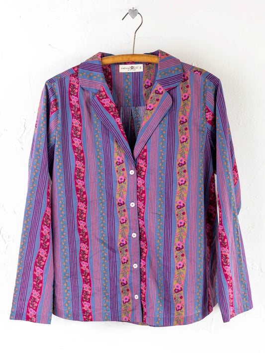 Mix & Match Cotton Long Sleeve Pajama Top - Retro Ribbons Navy-view 1