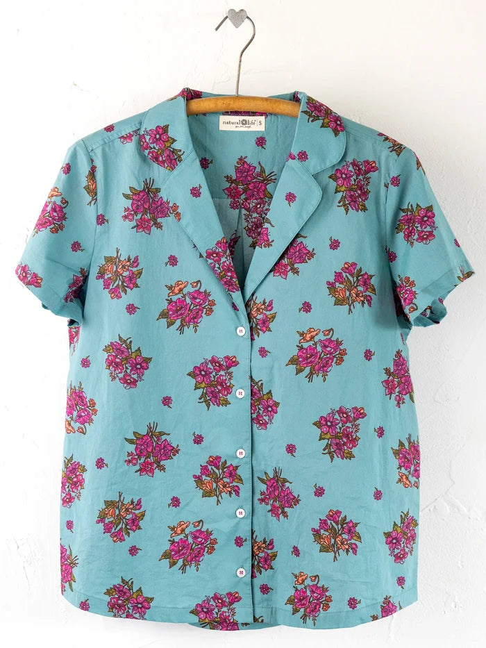Mix & Match Cotton Short Sleeve Pajama Top - Flower Picking Teal-view 1