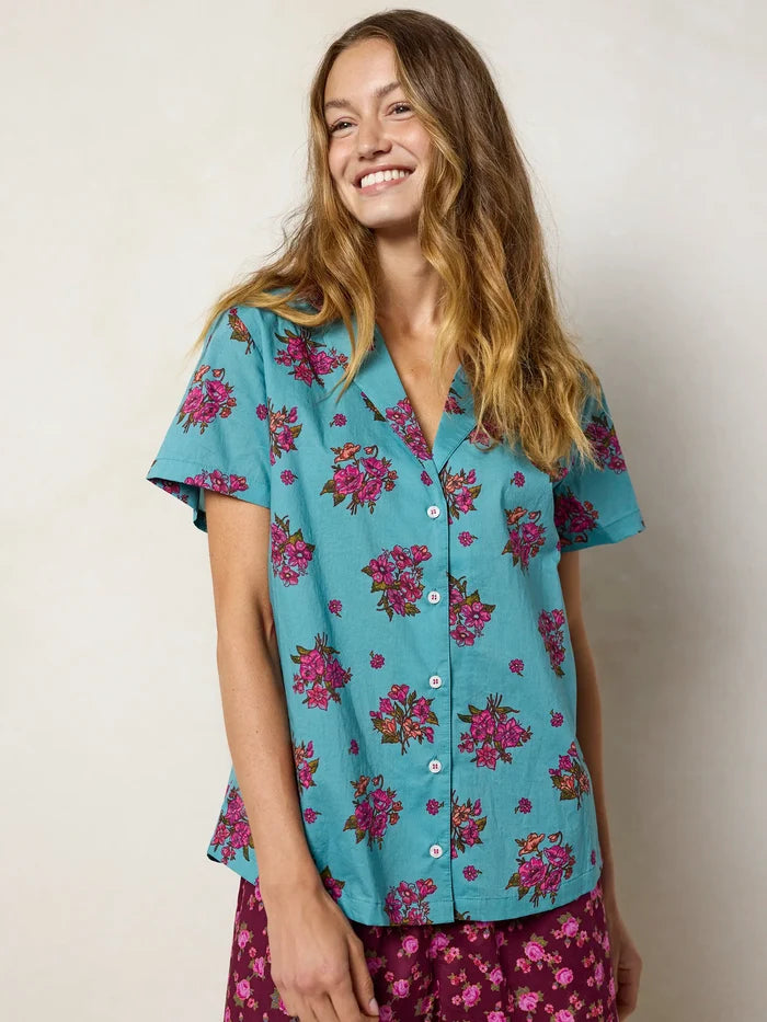 Mix & Match Cotton Short Sleeve Pajama Top - Flower Picking Teal-view 3