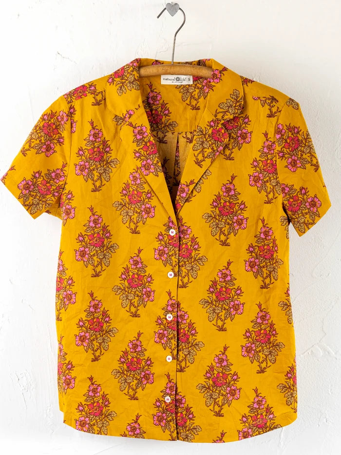 Mix & Match Cotton Short Sleeve Pajama Top - Garden Block Stamp Gold-view 1