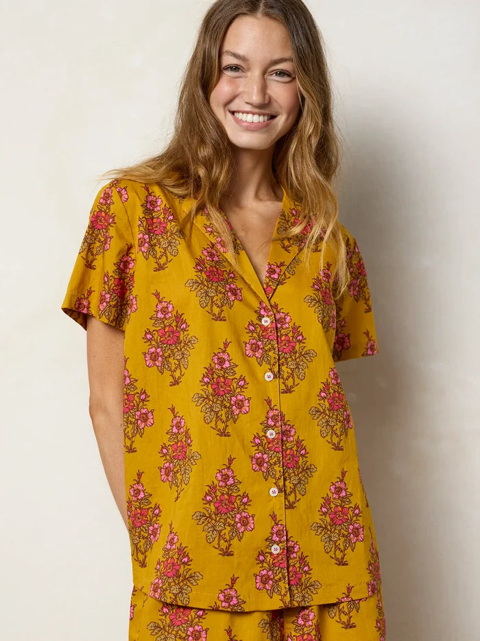 Mix & Match Cotton Short Sleeve Pajama Top - Garden Block Stamp Gold-view 4