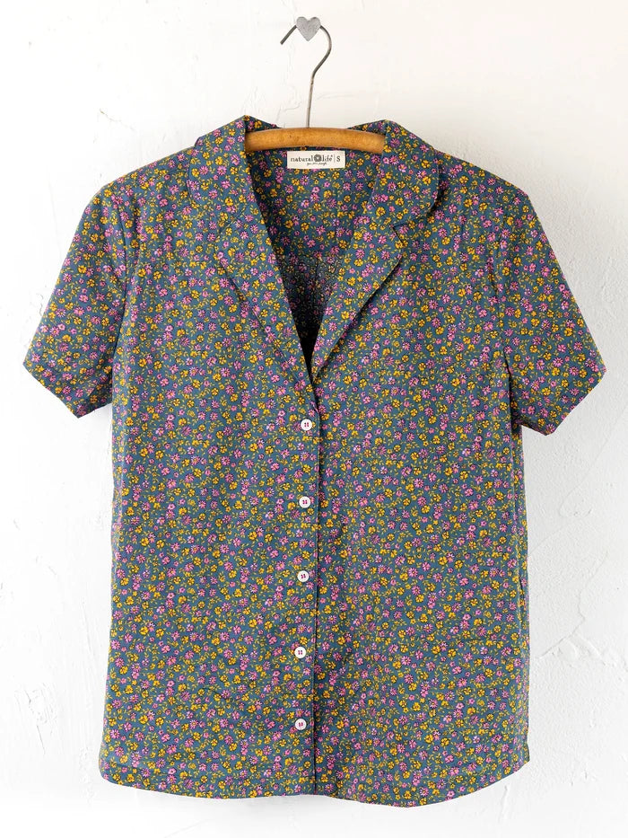 Mix & Match Cotton Short Sleeve Pajama Top - Mari Ditsy Navy-view 1