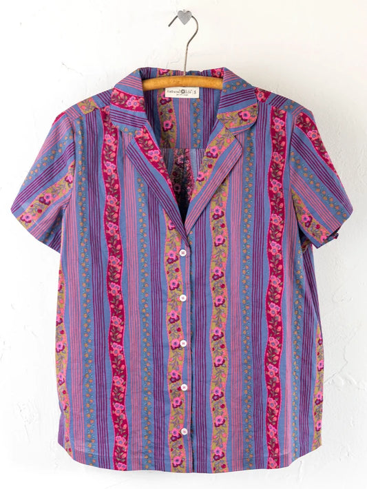 Mix & Match Cotton Short Sleeve Pajama Top - Retro Ribbons Navy-view 1