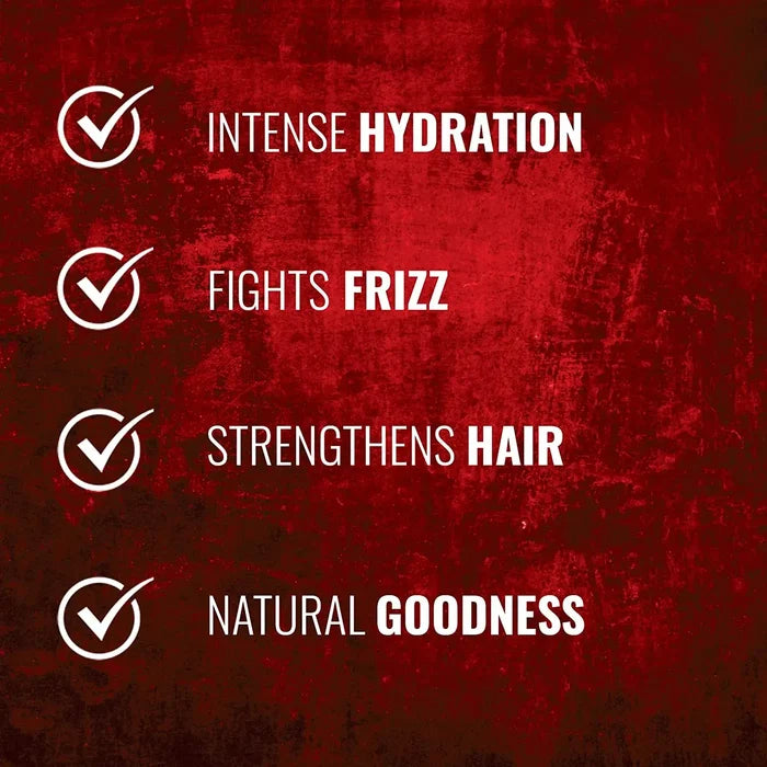 Benefits checklist on a deep red textured background: Intense Hydration, Fights Frizz, Strengthens Hair and Natural Goodness