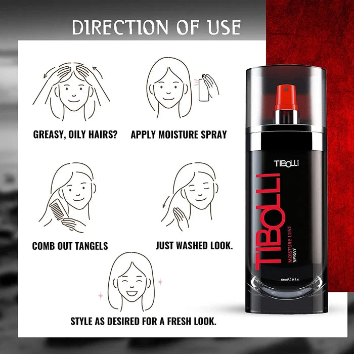 Tibolli Moisture Lust Spray 100 ml Direction of Use: for greasy oily hair - spray, comb out tangles, just-washed look, style