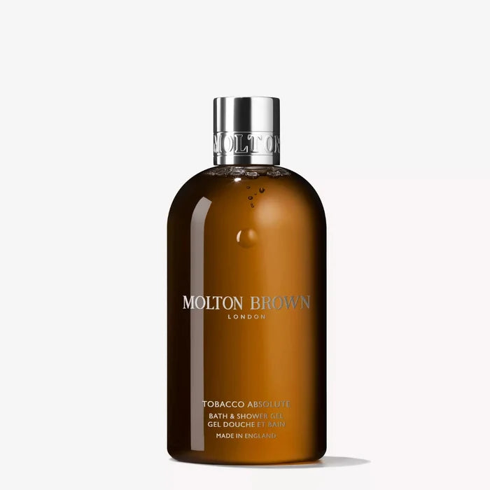 Molton Brown bath and shower gel bottle on a white background