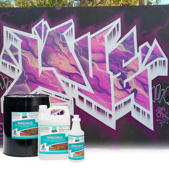 MuralShield in a 5 gallon, 1 gallon and quart containers with mural
