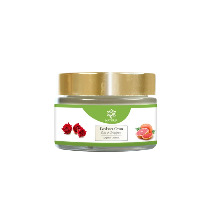 Natuur.in natural deodorant cream in a 50g glass jar with rose and grapefruit scent, featuring a gold lid.
