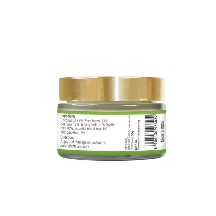Natuur.in rose and grapefruit deodorant cream in a glass jar with gold lid, showing ingredient and usage label.