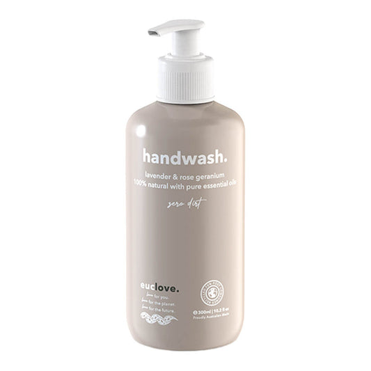 300ml pump bottle of Euclove Natural Hand Wash in Lavender & Rose Geranium scent.