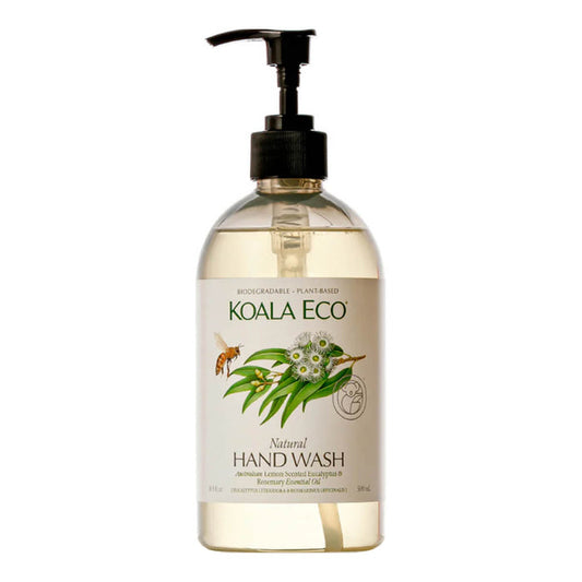 Plastic pump bottle of lemon scented eucalyptus and rosemary natural hand wash.