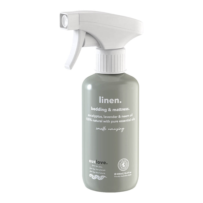 300ml spray bottle of Euclove Natural Linen, Bedding & Mattress Spray with eucalyptus, lavender, and neem oil to protect against bed bugs, lice, and mites.
