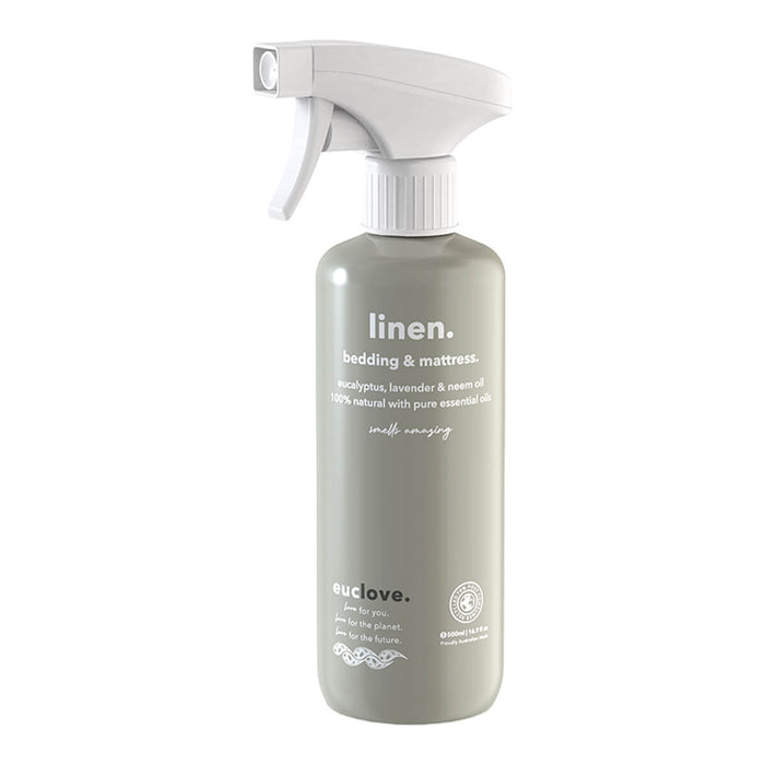 500ml spray bottle of Euclove Natural Linen, Bedding & Mattress Spray with eucalyptus, lavender, and neem oil to protect against bed bugs, lice, and mites.