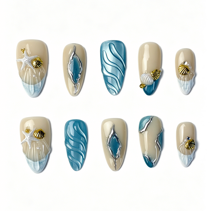 Medium Almond Press On Nails, Handmade 3D Ocean Beach Fake Nails, Nude Blue Wave Starfish Shell Pearl Summer Nail Art Set