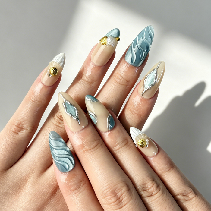 Summer Beach Ocean Press On Nails, Medium Almond 3D Wave Starfish Shell Pearl Nails on Hand, Nude Gradient Mermaid Fake Nail Tips
