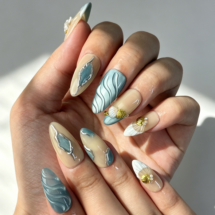 Close Up 3D Textured Nail Art, Ocean Wave Starfish Shell Pearl Decor, Medium Almond Nude Blue Gradient Press On Nail Detail Shot
