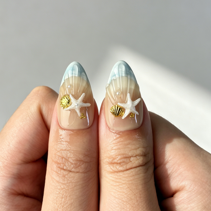 Ocean Wave Starfish Press On Nails, Medium Almond Nude Blue Shell Pearl Summer Fake Nail Set