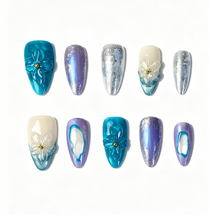Medium Almond Press On Nails, Handmade 3D Floral Fake Nails, Teal Purple Silver Foil Gradient Elegant Nail Art Set