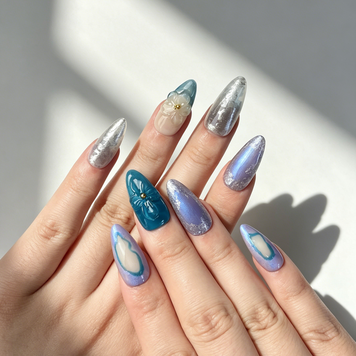 Elegant Teal Purple Press On Nails, Medium Almond 3D Flower Silver Foil Nails on Hand, Luxury Gradient Reusable Fake Nail Tips