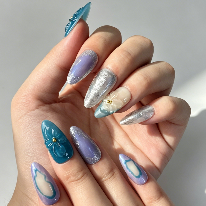 Close Up 3D Embossed Nail Art, Teal Purple Silver Foil Floral Decor, Medium Almond Gradient Press On Nail Detail Shot