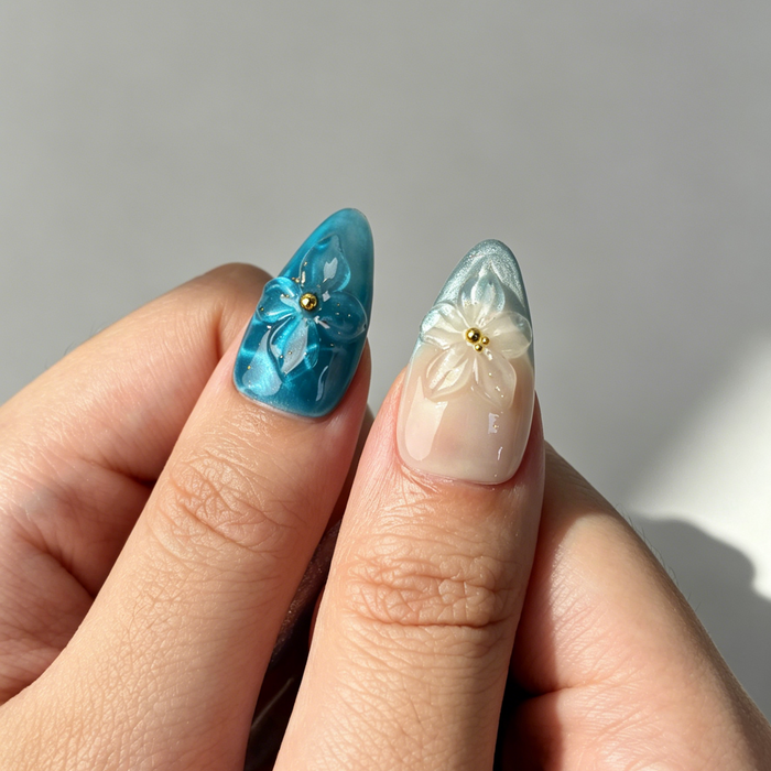 Luxury Silver Foil Floral Press On Nails, Medium Almond Teal Purple Gradient Elegant Fake Nail Set