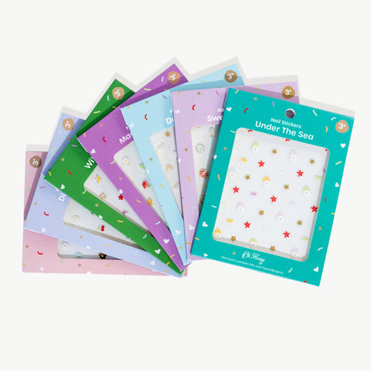 Set of Oh Flossy nail sticker packages for kids with colourful designs