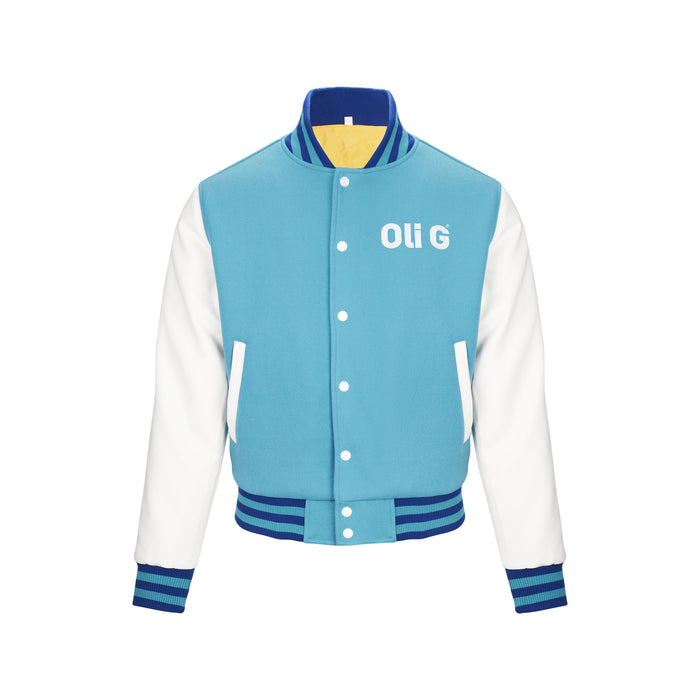 Oli G Varsity Jacket — Miami teal exterior with white sleeves, front view