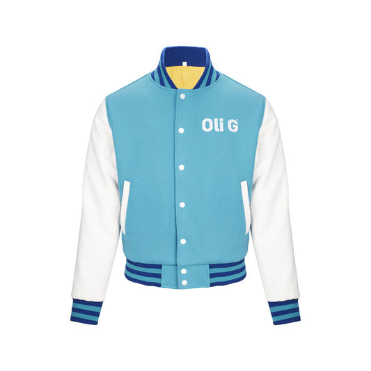 Oli G Varsity Jacket — Miami teal exterior with white sleeves, front view
