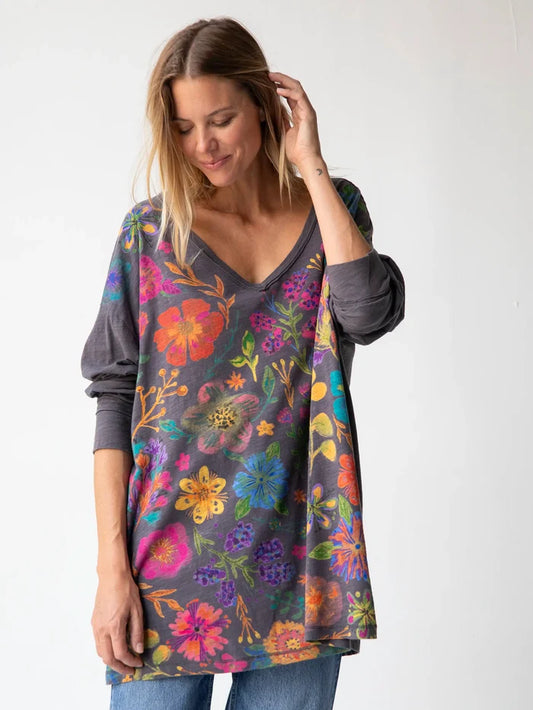 One Size Cotton Long Sleeve Easy V-Neck Tee - Charcoal Floral-view 1