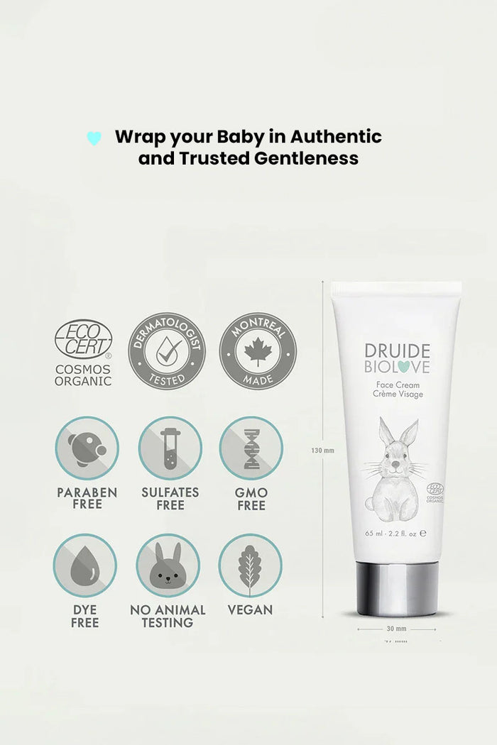 Druide Biolove organic baby face cream dispenser showing its dimensions of 130 mm height and 30 mm width, placed next to certification icons of ecocert certified cosmos organic, dermatologist tested, montreal, Canada made, paraben free, sulfates free, gmo free, dye free, no animal testing, and vegan.