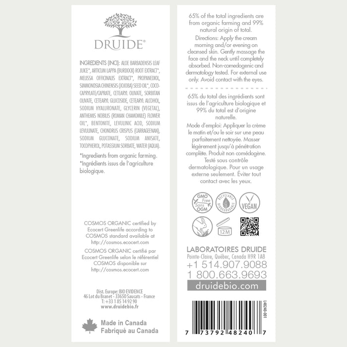 Druide Biolove Organic baby face cream label displaying product benefits, ingredients, certifications such as Ecocert Organic and Canada origin.