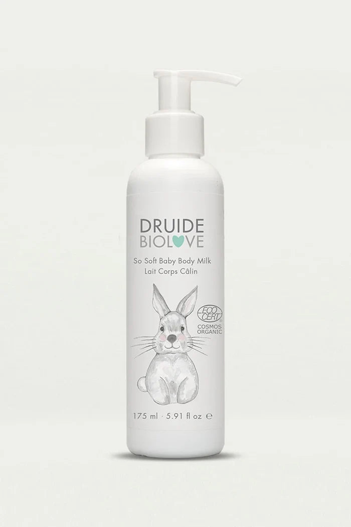 Druide Biolove organic baby moisturiser 
(175 ml) dispenser displaying Ecocert-certified cosmos organic mark shown with a clear background.