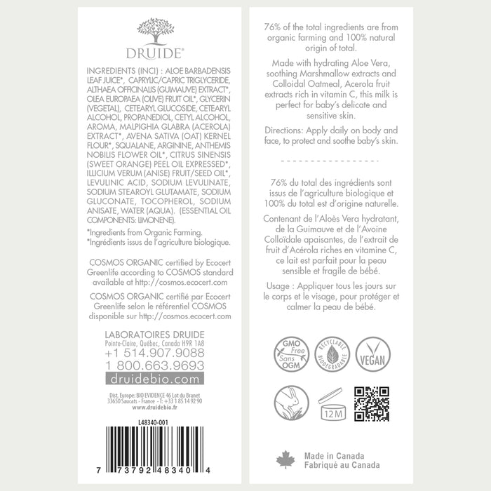 Druide Biolove organic baby moisturiser 
label displaying product benefits, ingredients, certifications such as Ecocert Organic and Canada origin.