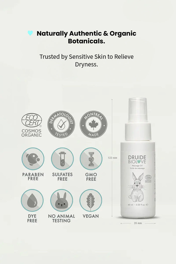 Druide Biolove organic massage oil dispenser showing its dimensions of 123 mm height and 35 mm width, placed next to certification icons of ecocert certified cosmos organic, dermatologist tested, montreal, Canada made, paraben free, sulfates free, gmo free, dye free, no animal testing, and vegan.
