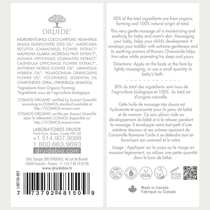 Druide Biolove organic massage oil 
packaging label with product benefits, ingredients, certifications, and Canadian origin.