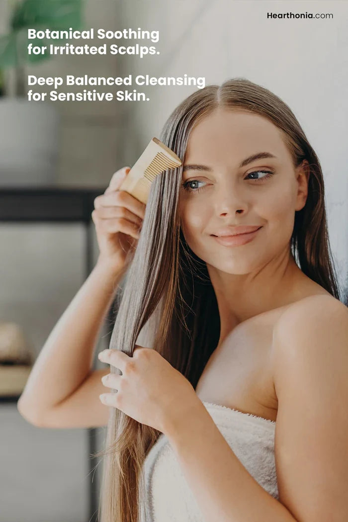 Happy woman combing her healthy hair with text reading botanical soothing for irritated scalps.