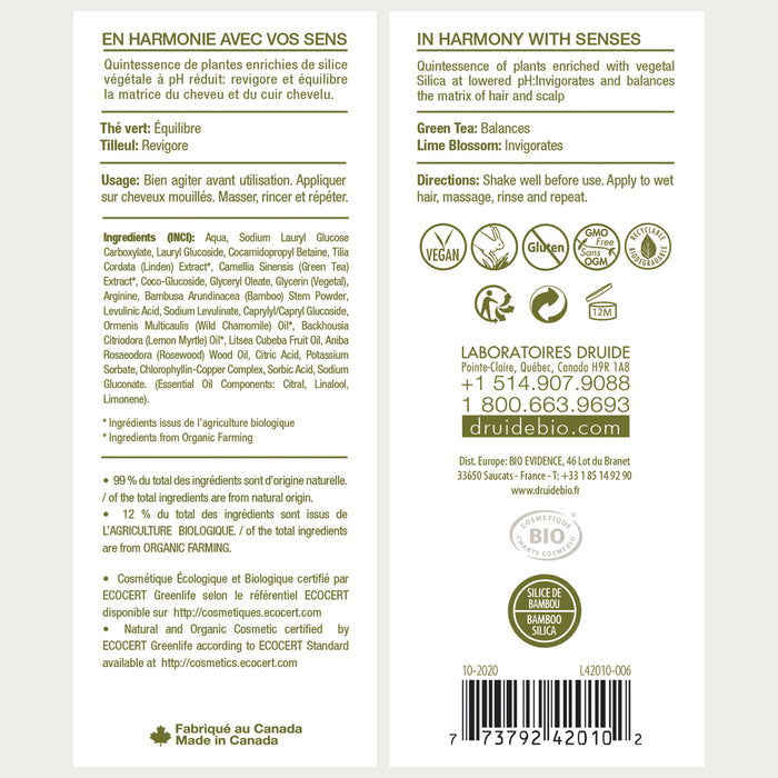 Druide Green Tea Frequent Shampoo  packaging label showing its certification icons of ecocert certified cosmos organic, dermatologist tested, Canada made, GMO free, gluten free, no animal testing, and vegan.