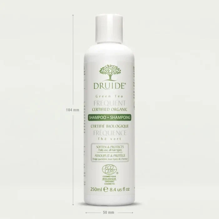Druide Green Tea Frequent Shampoo click top white plastic dispenser showing its dimension of 184 mm height and 50 mm width.
