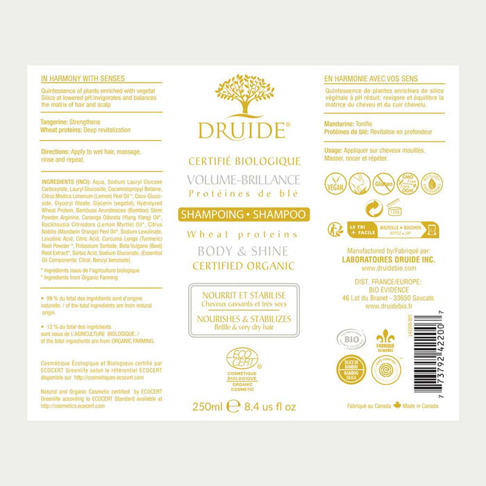 Druide body and shine shampoo for dry brittle hair packaging label with product benefits, ingredients, certifications, and canadian origin.