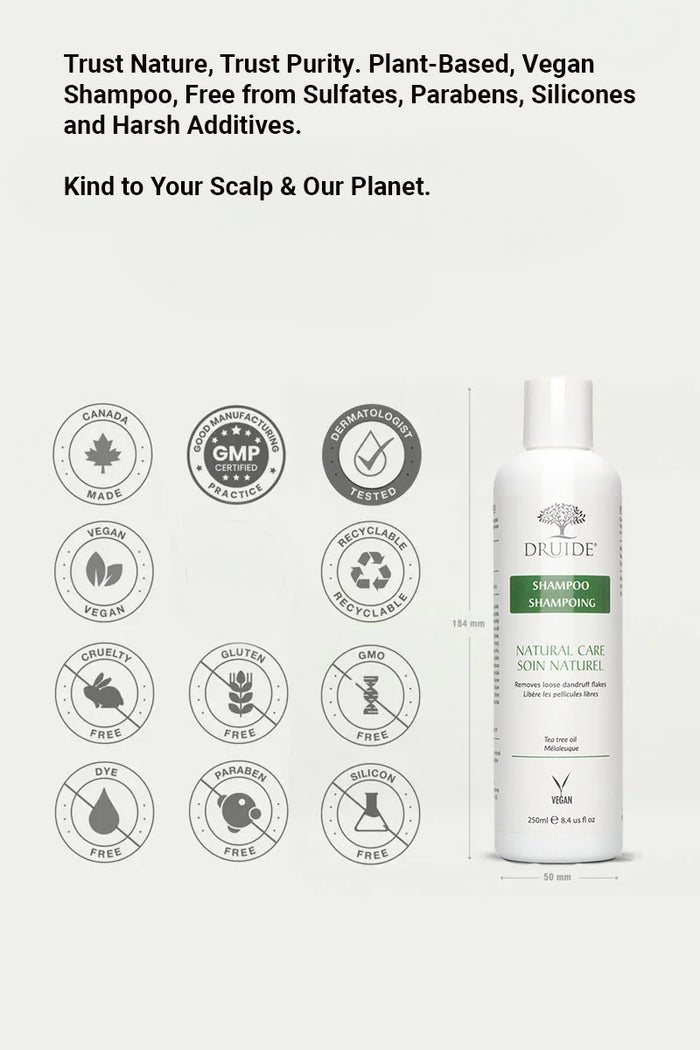 Druide Tea Tree Oil Shampoo dispenser shown with icons confirming product is gluten-free, cruelty-free, vegan, GMO-free, and made in Canada, and dispenser dimensions of 184 mm height and 50 mm width.