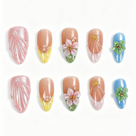 Medium Almond Press On Nails, Pastel 3D Floral Starfish Shell Pearl Cat Eye Fake Nail Set
