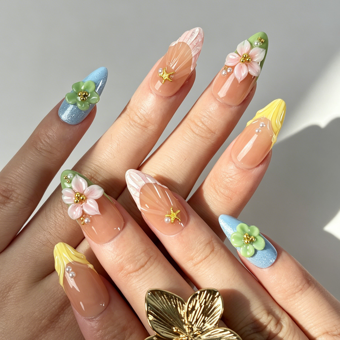Soft Spring Press On Nails, Nude Pink Yellow Green Blue 3D Flower Starfish Nails on Hand