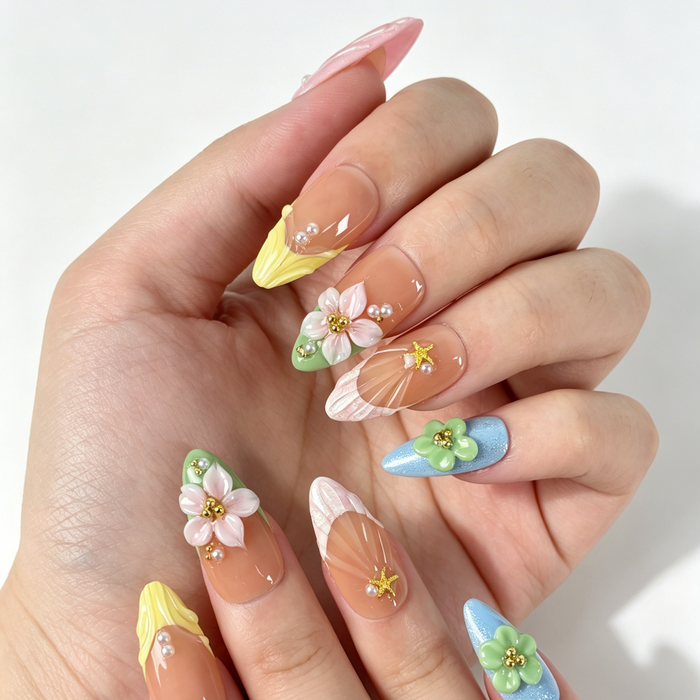 Close Up Nail Art, 3D Two-tone Flower Embossed Shell Starfish Pearl Cat Eye Decor